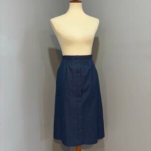 VTG 90s Dark Wash Denim A-Line Midi Skirt Button Elastic Waist, Women's Size 16